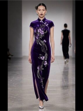 Silver Dragon Purple Velvet Beaded Embroidered Cheongsam Maxi Side Slits Dress L